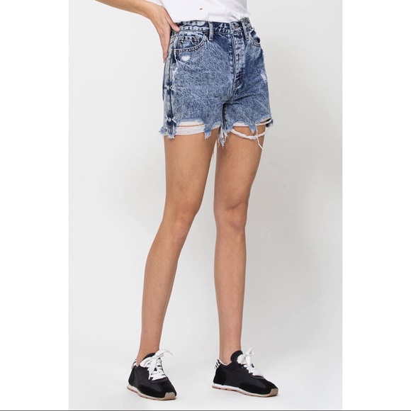 Nora Super High Rise Distressed Acid Wash Shorts - Picture 2 of 13